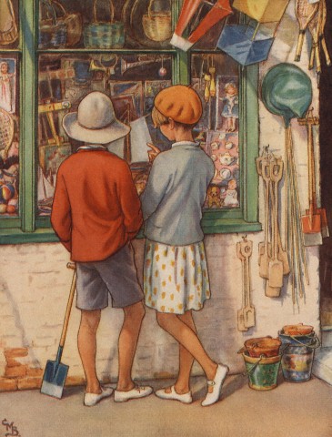 Children looking in window of toy shop